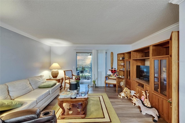 9481 Highland Oak Dr Unit 1511, Tampa, FL 33647 - living area featuring wood finished floors, a textured ceiling, and crown molding