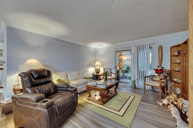 9481 Highland Oak Dr Unit 1511, Tampa, FL 33647 - living room featuring wood finished floors, ornamental molding, and a textured ceiling