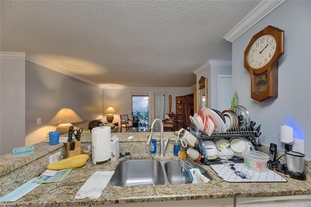 9481 Highland Oak Dr Unit 1511, Tampa, FL 33647 - kitchen with a textured ceiling, a sink, ornamental molding, dishwashing machine, and light stone countertops