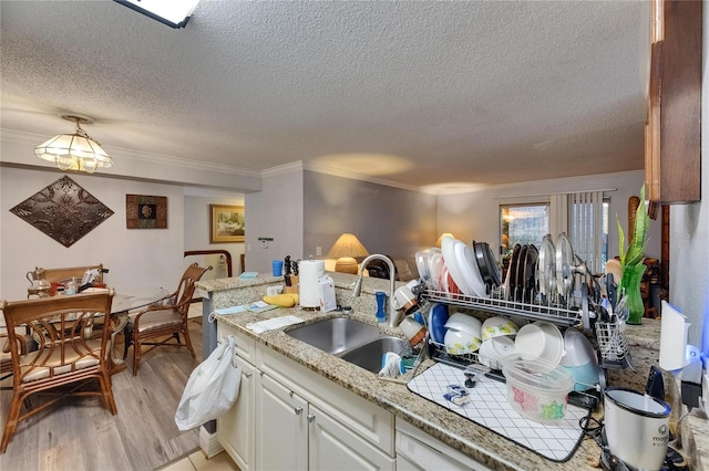 9481 Highland Oak Dr Unit 1511, Tampa, FL 33647 - kitchen with a textured ceiling, crown molding, a sink, light wood-type flooring, and white cabinets
