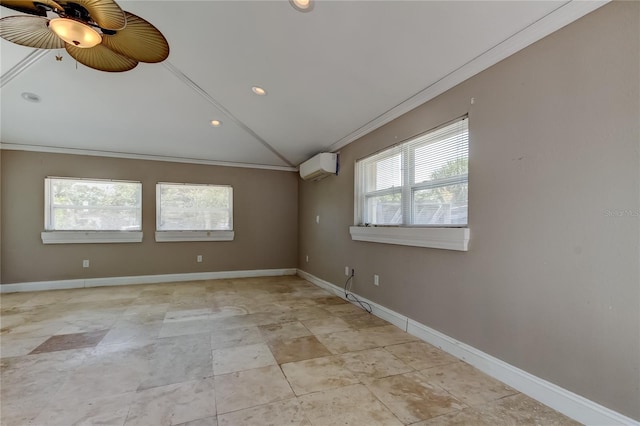 1242 Bermuda St, Clearwater, FL 33755 - spare room with crown molding, vaulted ceiling, healthy amount of natural light, a wall unit AC, and a ceiling fan