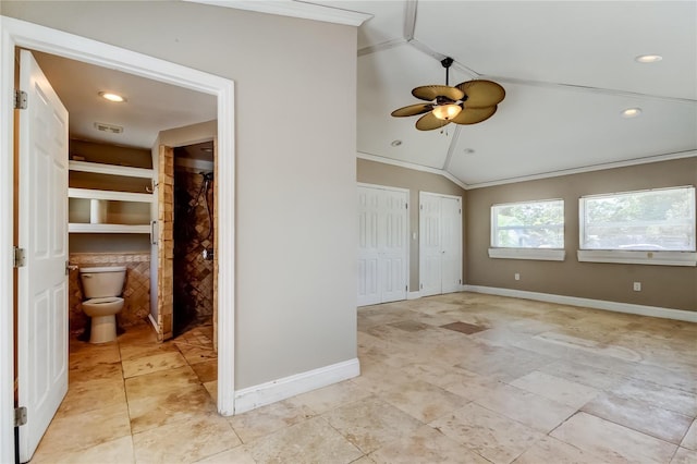 1242 Bermuda St, Clearwater, FL 33755 - unfurnished bedroom with lofted ceiling, two closets, ornamental molding, baseboards, and recessed lighting