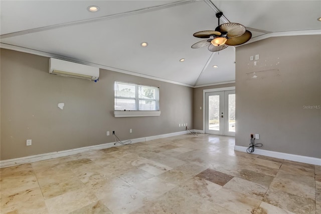 1242 Bermuda St, Clearwater, FL 33755 - unfurnished room with a wall mounted AC, ornamental molding, french doors, lofted ceiling, and a ceiling fan