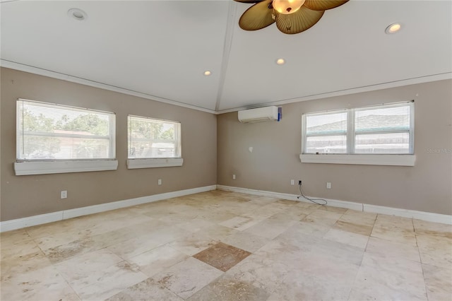 1242 Bermuda St, Clearwater, FL 33755 - empty room featuring a wall mounted AC, healthy amount of natural light, vaulted ceiling, ceiling fan, and baseboards