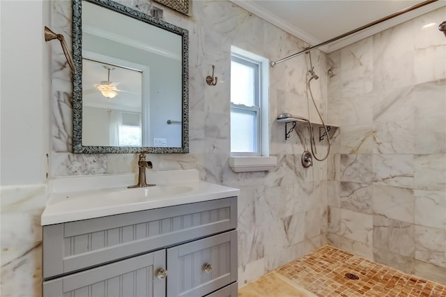1242 Bermuda St, Clearwater, FL 33755 - full bath featuring ornamental molding, a tile shower, vanity, and ceiling fan