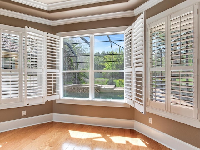 10504 Echo Lake Dr, Odessa, FL 33556 - unfurnished room with crown molding, plenty of natural light, wood finished floors, and baseboards
