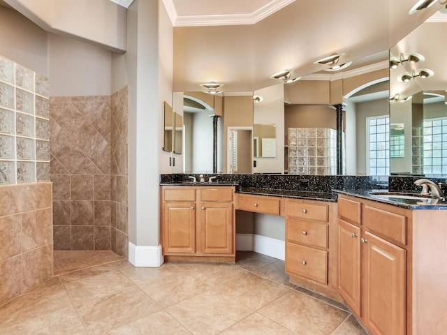 10504 Echo Lake Dr, Odessa, FL 33556 - bathroom featuring ornamental molding, vanity, a walk in shower, tile patterned flooring, and baseboards