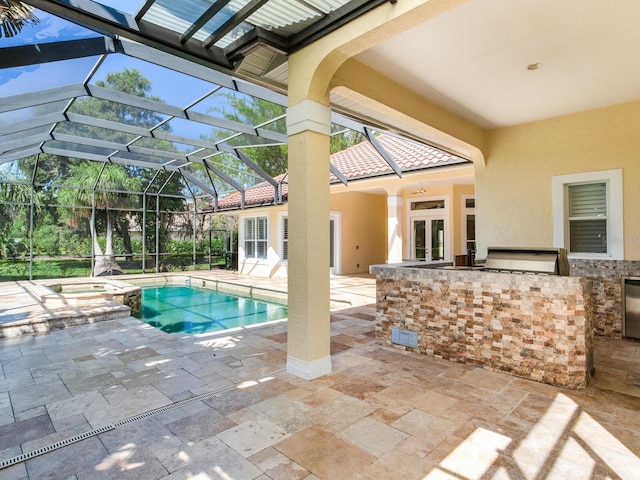 10504 Echo Lake Dr, Odessa, FL 33556 - view of swimming pool featuring area for grilling, a patio area, french doors, a lanai, and a pool with connected hot tub