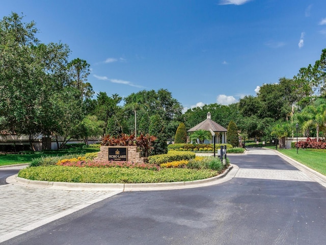 10504 Echo Lake Dr, Odessa, FL 33556 - view of asphalt street with curbs, a gated entry, and view of scattered trees