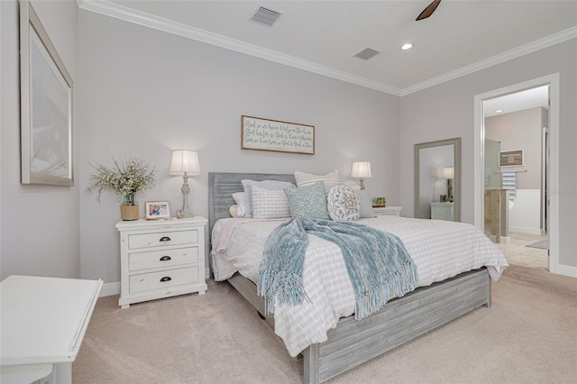 152 Glenn Moor Cir, Dunedin, FL 34698 - bedroom featuring light colored carpet, crown molding, baseboards, recessed lighting, and ceiling fan