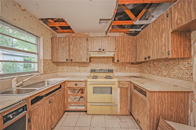 7033 Wentworth Way, New Port Richey, FL 34655 - kitchen featuring white electric range oven, a sink, under cabinet range hood, and light countertops