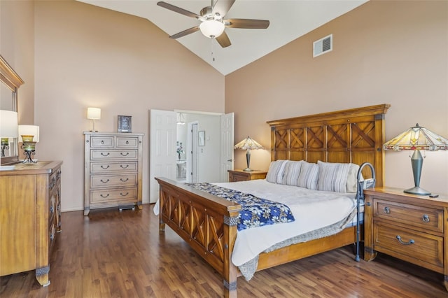 9322 Via Segovia, New Port Richey, FL 34655 - bedroom featuring high vaulted ceiling, wood finished floors, and a ceiling fan