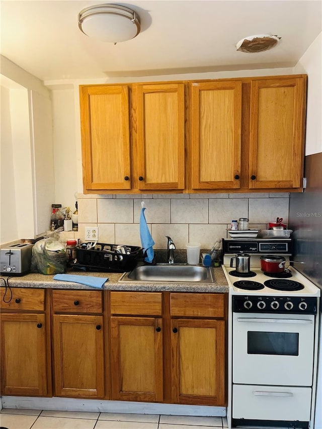 72 Lake Shore Dr, Palm Harbor, FL 34684 - kitchen featuring electric stove, backsplash, and brown cabinetry