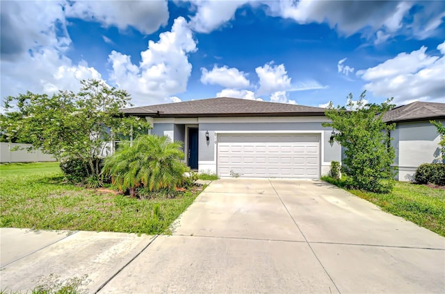6119 Bradford Woods Dr, Zephyrhills, FL 33542 - view of front facade featuring concrete driveway, stucco siding, an attached garage, and a front yard