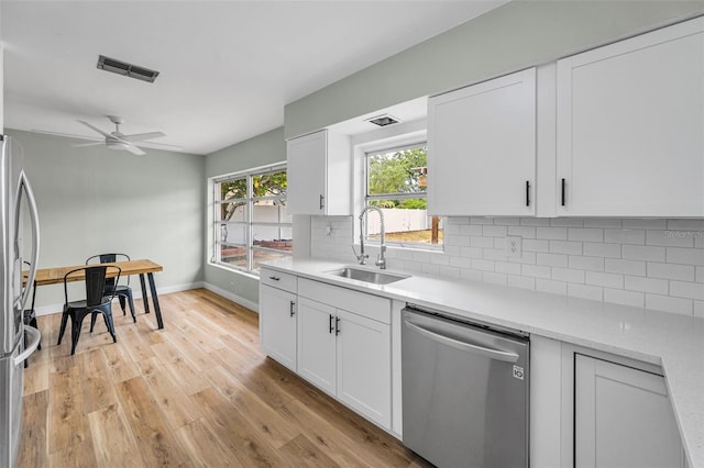 1412 Coburn Dr, Tarpon Springs, FL 34689 - kitchen with appliances with stainless steel finishes, a sink, light wood-style floors, tasteful backsplash, and white cabinets