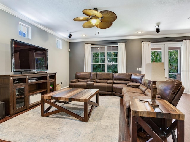3003 W Leila Ave, Tampa, FL 33611 - living area featuring crown molding, wood finished floors, healthy amount of natural light, ceiling fan, and recessed lighting