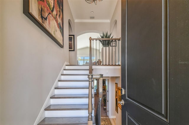 17 Franklin Ct S Unit C, Saint Petersburg, FL 33711 - stairway with a towering ceiling, arched walkways, crown molding, and wood finished floors