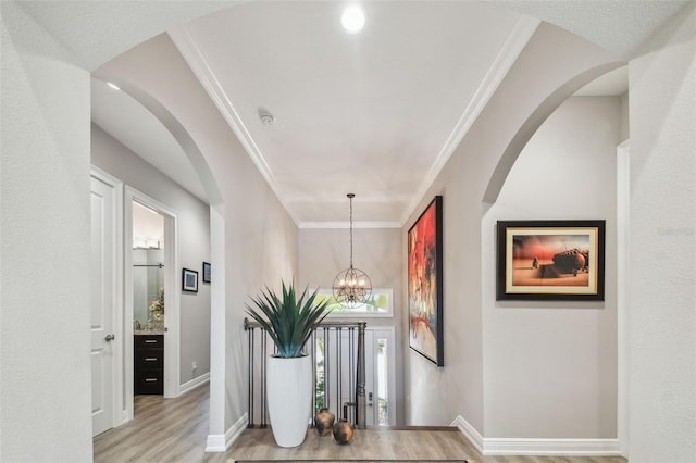 17 Franklin Ct S Unit C, Saint Petersburg, FL 33711 - hall featuring light wood finished floors, baseboards, arched walkways, crown molding, and a chandelier