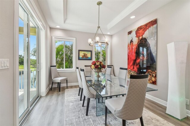 17 Franklin Ct S Unit C, Saint Petersburg, FL 33711 - dining area with wood finished floors, a chandelier, a raised ceiling, baseboards, and recessed lighting