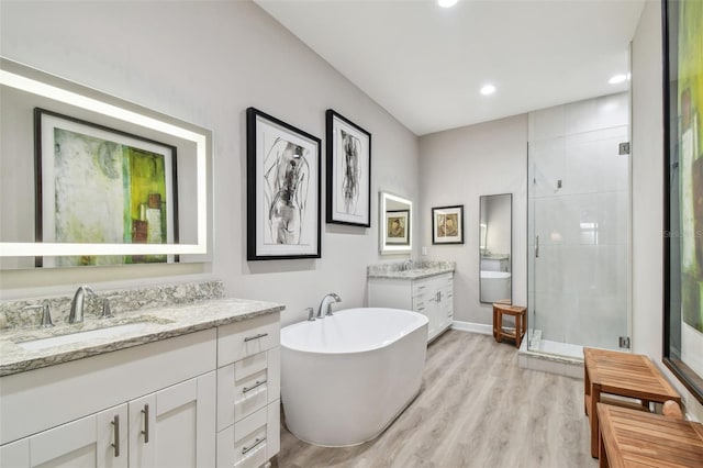 17 Franklin Ct S Unit C, Saint Petersburg, FL 33711 - bathroom with a stall shower, two vanities, wood finished floors, a soaking tub, and recessed lighting