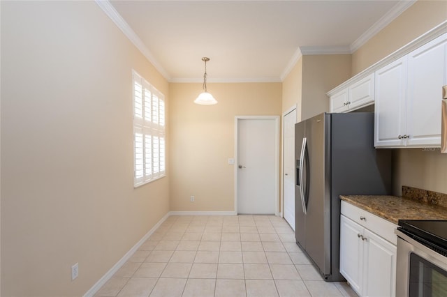 21209 Diamonte Dr, Land O Lakes, FL 34637 - kitchen featuring crown molding, white cabinets, pendant lighting, appliances with stainless steel finishes, and light tile patterned floors