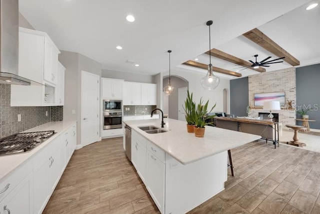 14223 Lambert Bridge Ln, Lithia, FL 33547 - kitchen featuring stainless steel appliances, a sink, arched walkways, wall chimney range hood, and a ceiling fan