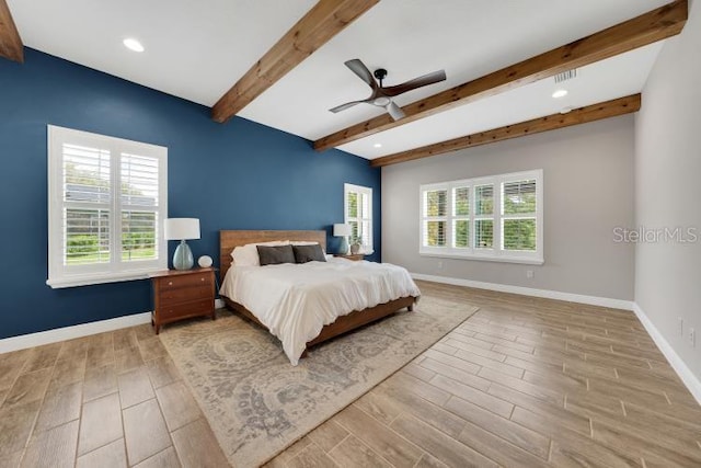 14223 Lambert Bridge Ln, Lithia, FL 33547 - bedroom featuring light wood-type flooring, baseboards, beam ceiling, recessed lighting, and a ceiling fan