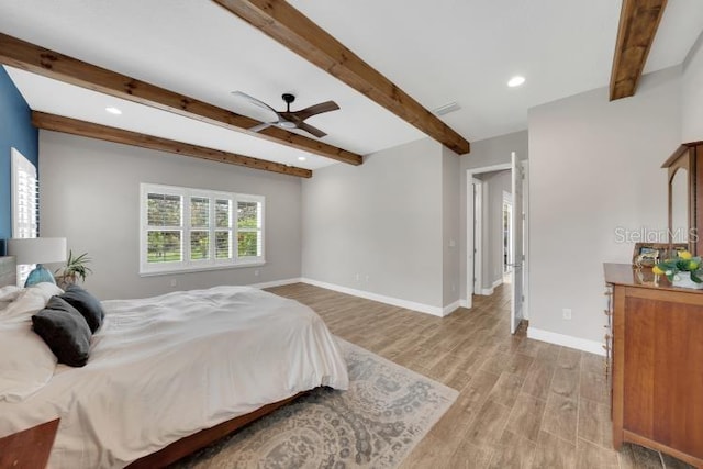 14223 Lambert Bridge Ln, Lithia, FL 33547 - bedroom with light wood-type flooring, beam ceiling, baseboards, and recessed lighting