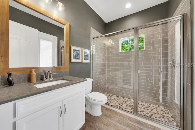 14223 Lambert Bridge Ln, Lithia, FL 33547 - bathroom with vanity, a stall shower, toilet, and wood finished floors