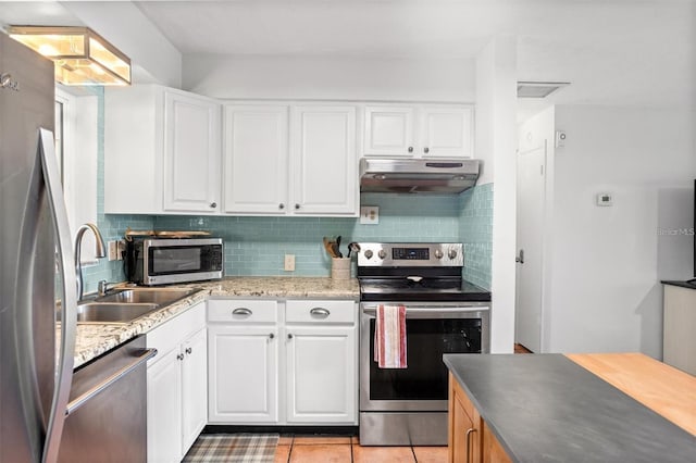 1045 28th Ave S, Saint Petersburg, FL 33705 - kitchen featuring under cabinet range hood, stainless steel appliances, a sink, tasteful backsplash, and white cabinets