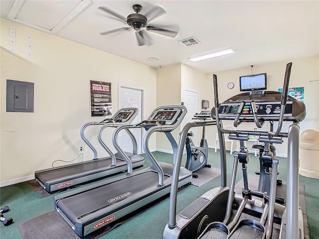 gym with electric panel, a ceiling fan, and baseboards