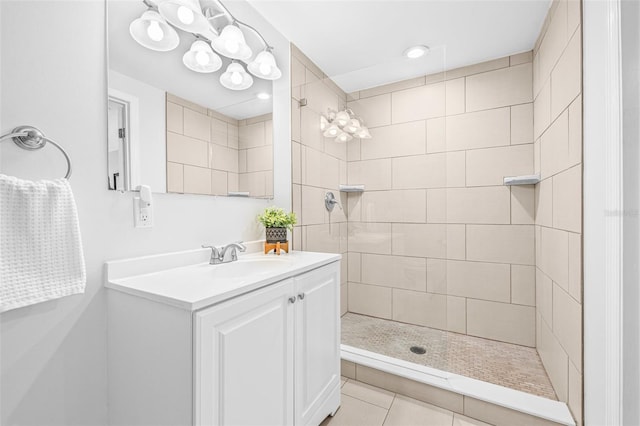 812 60th St S, Gulfport, FL 33707 - full bathroom featuring vanity, tiled shower, recessed lighting, tile patterned floors, and a chandelier