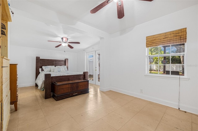 3310 W Ballast Point Blvd, Tampa, FL 33611 - bedroom featuring access to outside, baseboards, ceiling fan, and light tile patterned floors