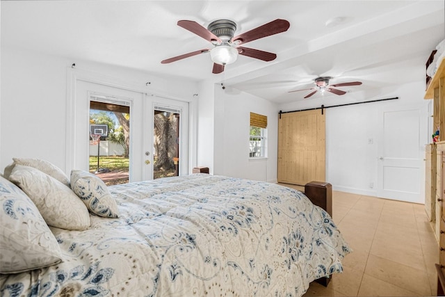 3310 W Ballast Point Blvd, Tampa, FL 33611 - bedroom with access to exterior, a barn door, light tile patterned floors, french doors, and a ceiling fan