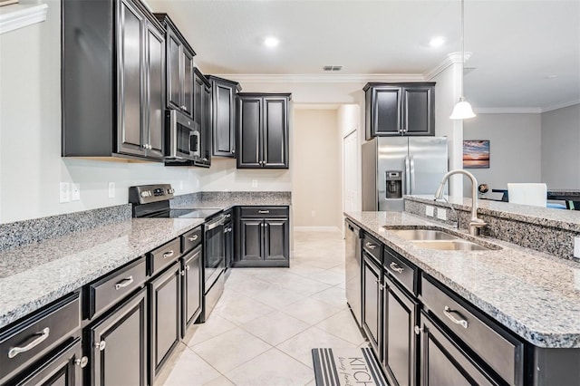 1396 White Fox Run, Lutz, FL 33549 - kitchen featuring stainless steel appliances, a sink, dark cabinets, light tile patterned flooring, and crown molding