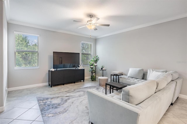 1396 White Fox Run, Lutz, FL 33549 - living area with a ceiling fan, baseboards, crown molding, and light tile patterned flooring