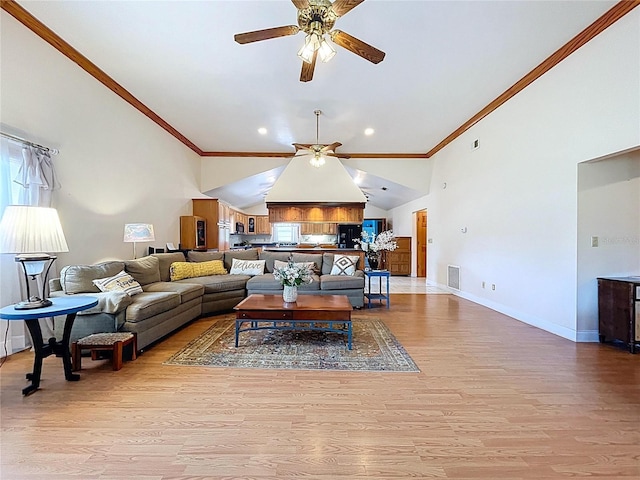 13341 Hexam Rd, Weeki Wachee, FL 34613 - living area with ceiling fan, ornamental molding, light wood-style flooring, recessed lighting, and high vaulted ceiling