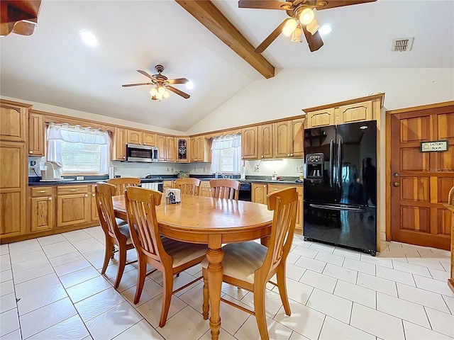 13341 Hexam Rd, Weeki Wachee, FL 34613 - dining space featuring ceiling fan, beamed ceiling, healthy amount of natural light, high vaulted ceiling, and light tile patterned floors