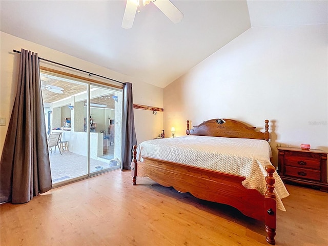 13341 Hexam Rd, Weeki Wachee, FL 34613 - bedroom with access to outside, wood finished floors, lofted ceiling, and a ceiling fan