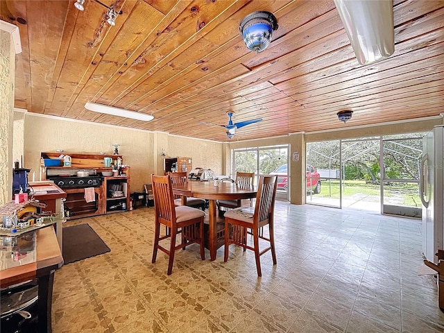 13341 Hexam Rd, Weeki Wachee, FL 34613 - dining area featuring wood ceiling and a ceiling fan