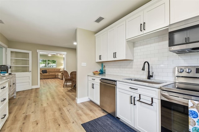 1529 Essex Dr N, Saint Petersburg, FL 33710 - kitchen featuring stainless steel appliances, a sink, decorative backsplash, white cabinets, and light wood-style floors