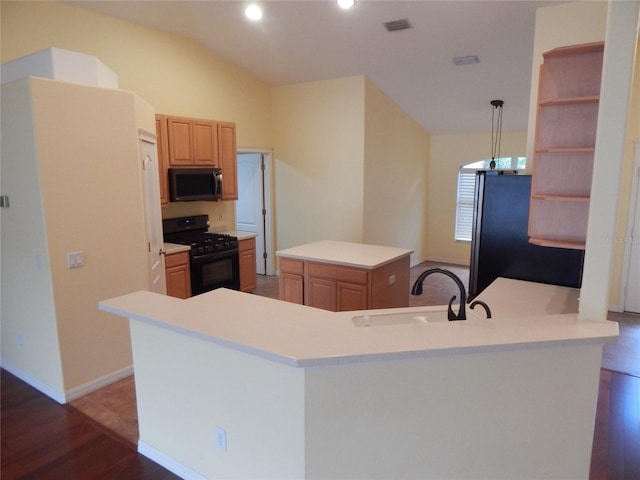 5815 Heronview Crescent Dr, Lithia, FL 33547 - kitchen featuring black appliances, a sink, wood finished floors, baseboards, and lofted ceiling