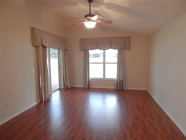 5815 Heronview Crescent Dr, Lithia, FL 33547 - empty room with a ceiling fan, dark wood-type flooring, baseboards, and lofted ceiling