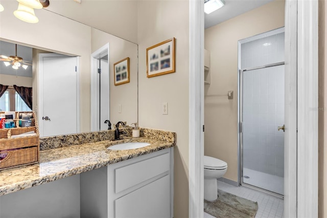 2921 SE 38th Pl, Ocala, FL 34480 - full bath featuring a stall shower, vanity, tile patterned flooring, and ceiling fan