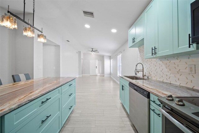 11363 Cocoa Beach Dr, Riverview, FL 33569 - kitchen featuring dishwasher, backsplash, recessed lighting, a sink, and a ceiling fan