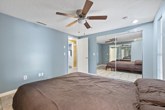 8918 Carmen Ln, Port Richey, FL 34668 - tiled bedroom featuring baseboards, ceiling fan, and a closet