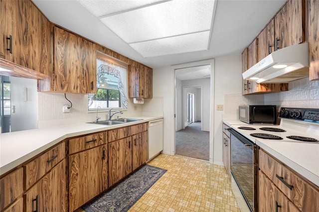 1211 Stony Brook Ln, Dunedin, FL 34698 - kitchen featuring white appliances, under cabinet range hood, a sink, and light countertops