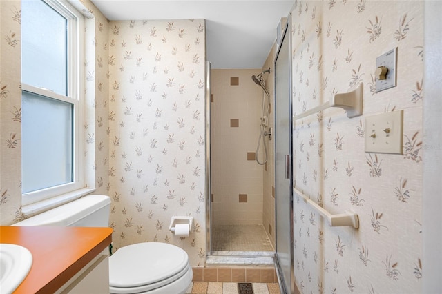 1211 Stony Brook Ln, Dunedin, FL 34698 - bathroom with vanity, toilet, a stall shower, and plenty of natural light