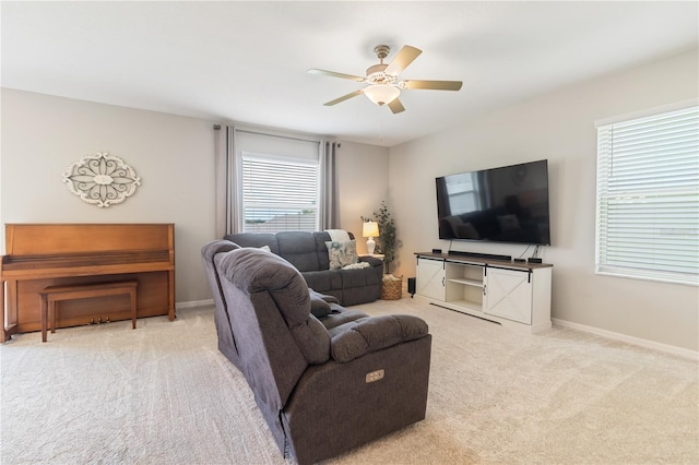 6180 Spring Crayfish Ave, New Port Richey, FL 34653 - carpeted living area featuring a ceiling fan and baseboards