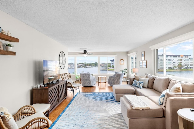 6075 Shore Blvd S Unit 215, Gulfport, FL 33707 - living room featuring light wood-style floors, ceiling fan, healthy amount of natural light, and a textured ceiling